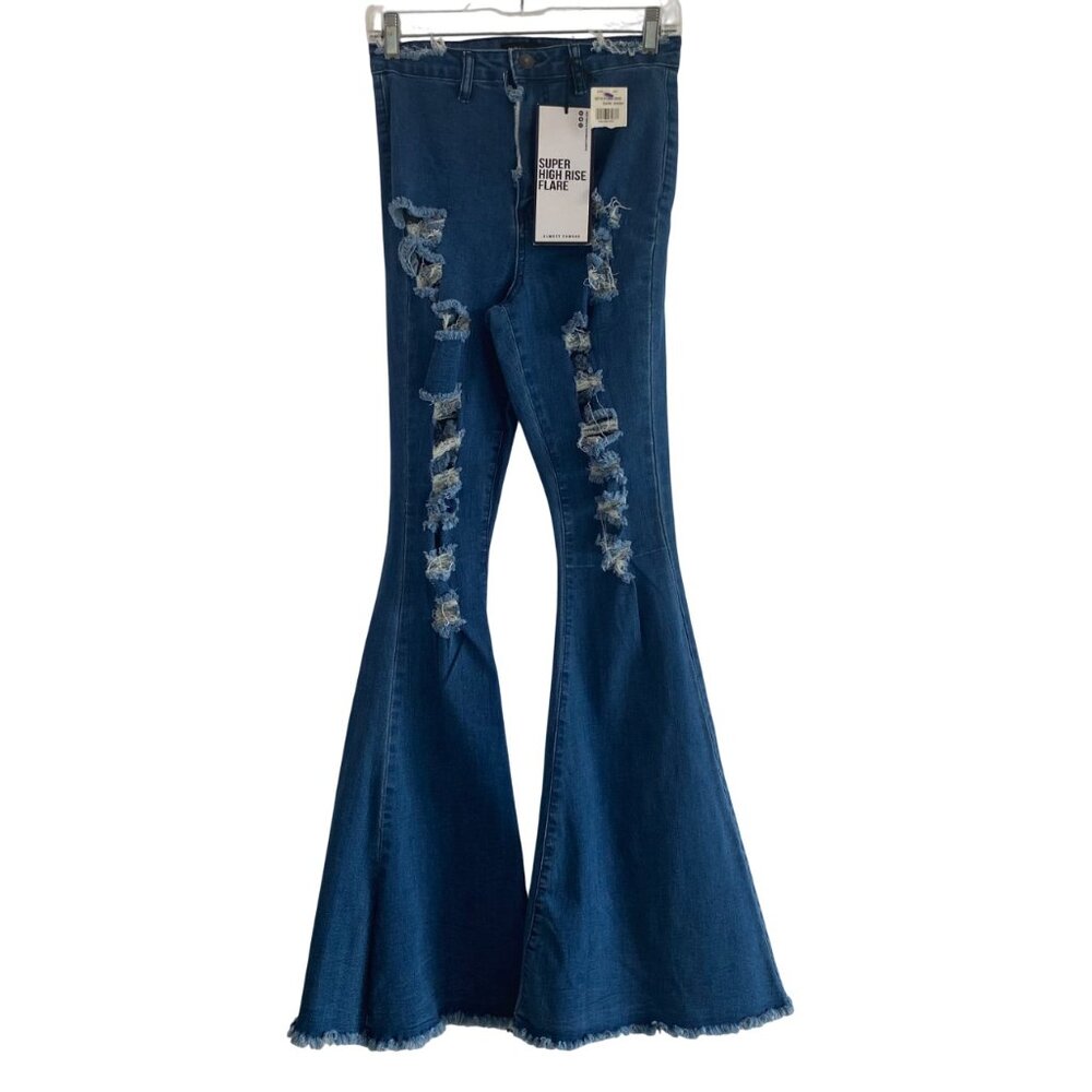 Almost Famous Flare Dark Wash Jeans Sz 7 – Distressed High Rise Bell Bottom NWT